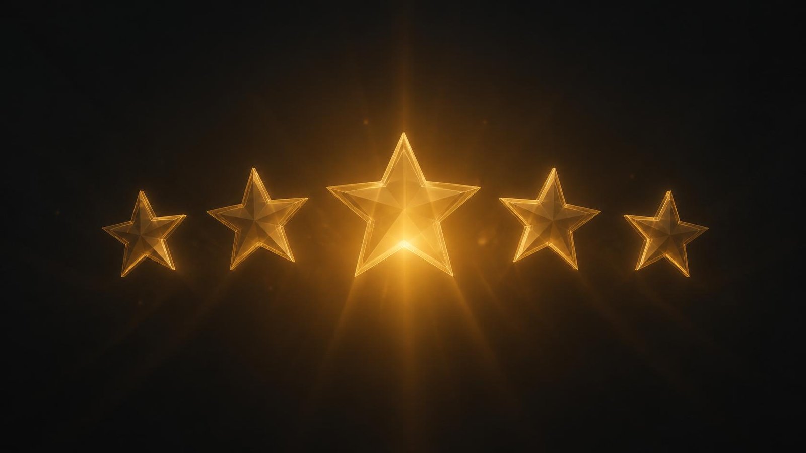 Five golden stars glowing on a dark background representing five-star Google reviews