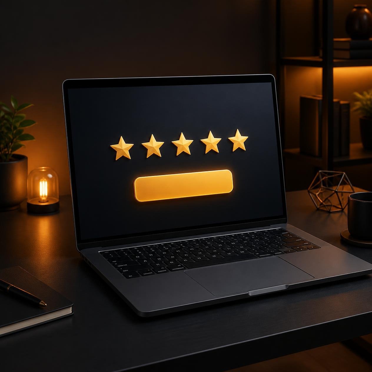 Laptop displaying a five-star Google review request webpage