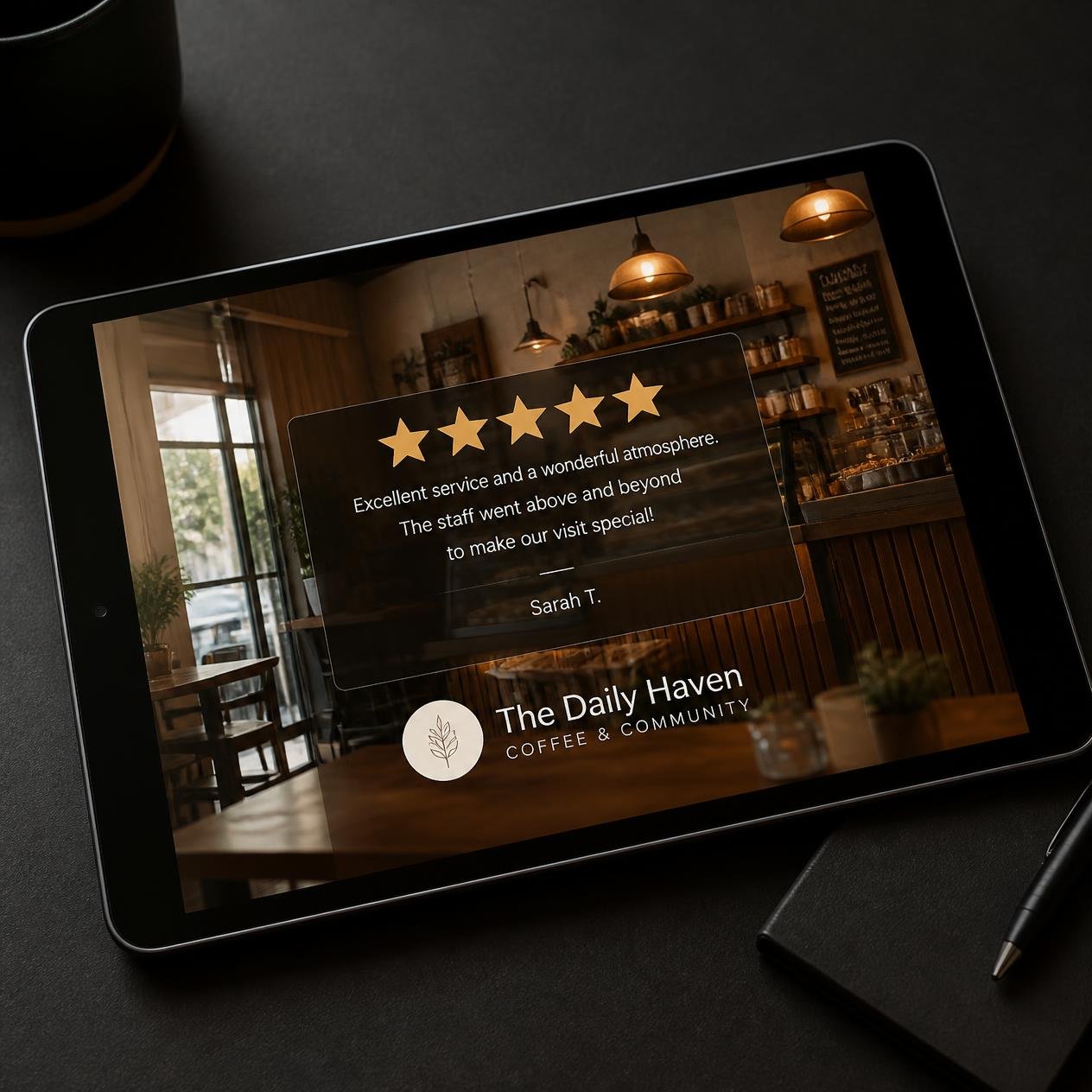 Tablet showing a personalised review image with business photos and five-star ratings